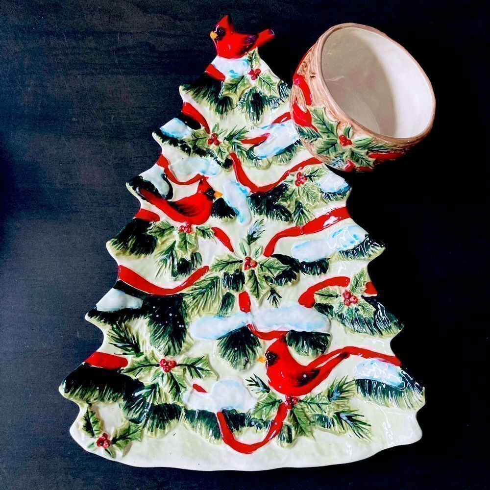 Winter Song Christmas Tree Cardinal Birds Serving Platter